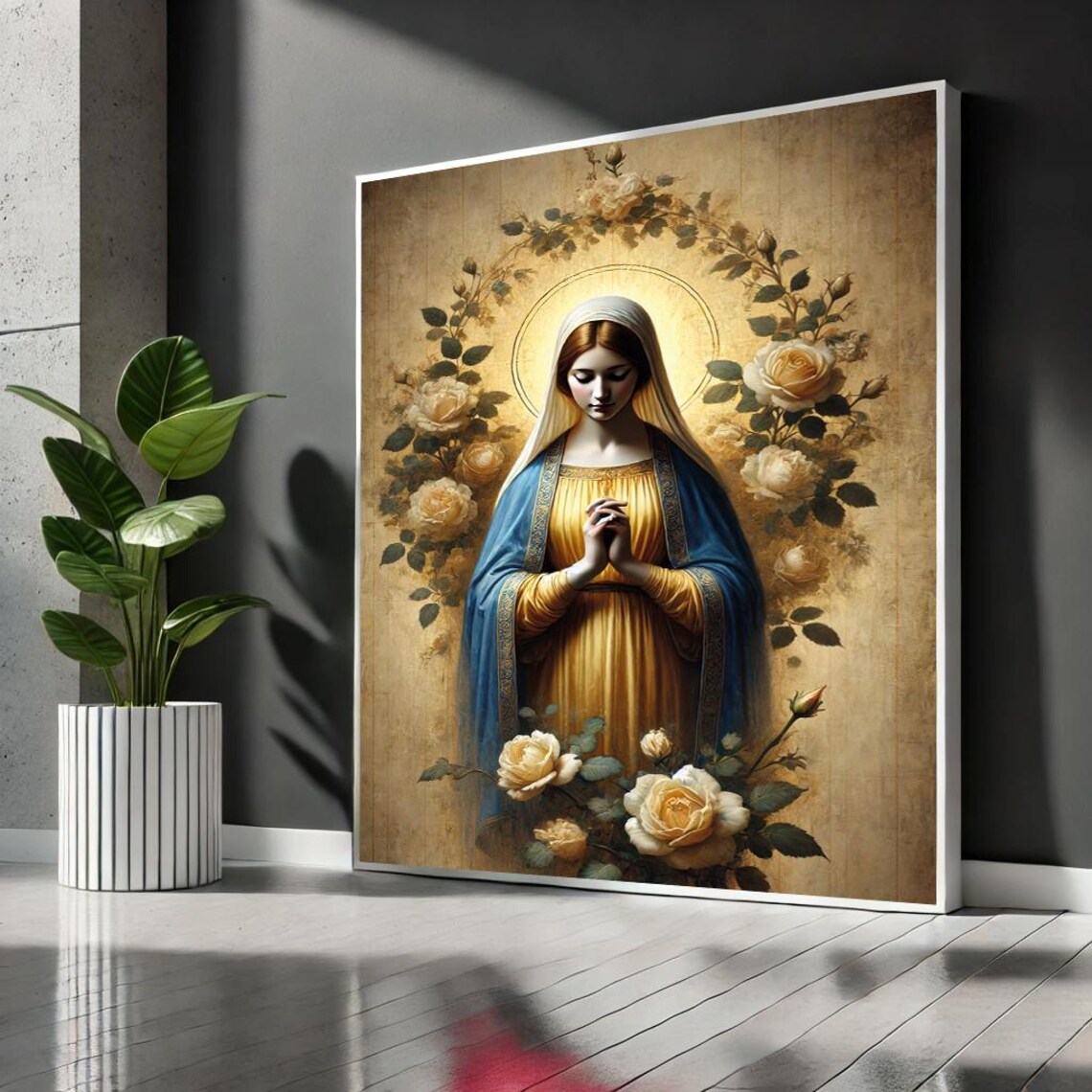 Virgin Mary Cream Roses Golden Gown Classic Religious Wall Art
