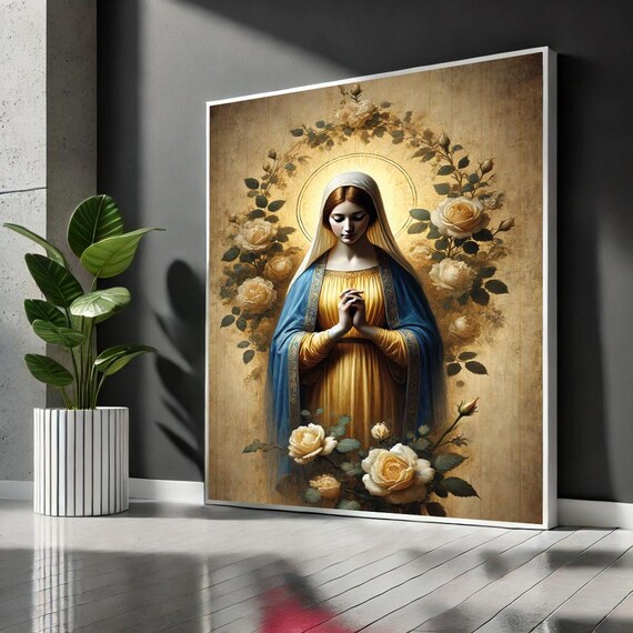 Virgin Mary Cream Roses Golden Gown Classic Religious Wall Art