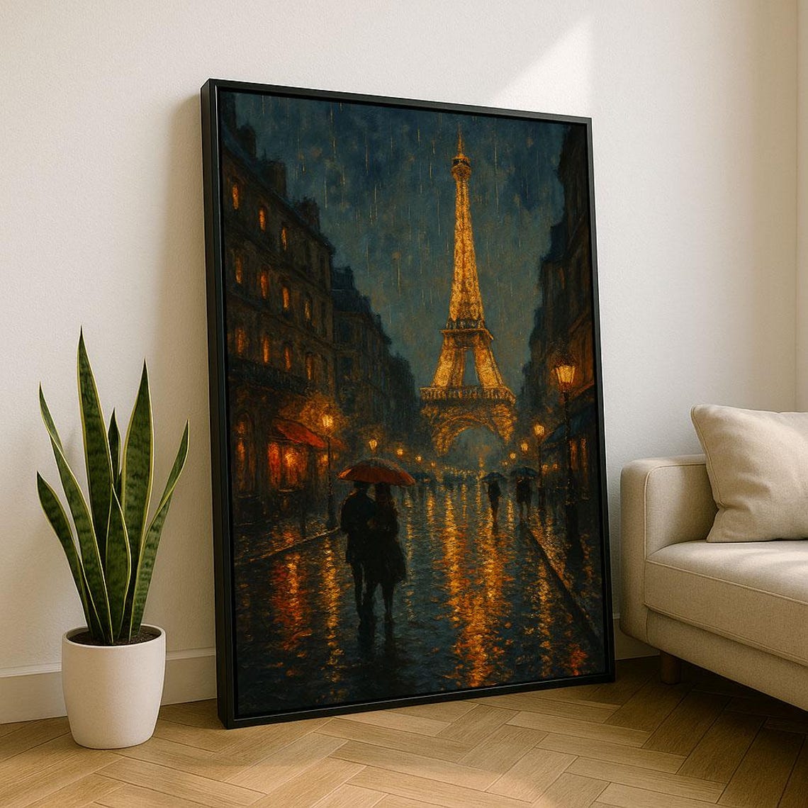 Romantic Eiffel Tower Paris Rainy Night Impressionist City Poster