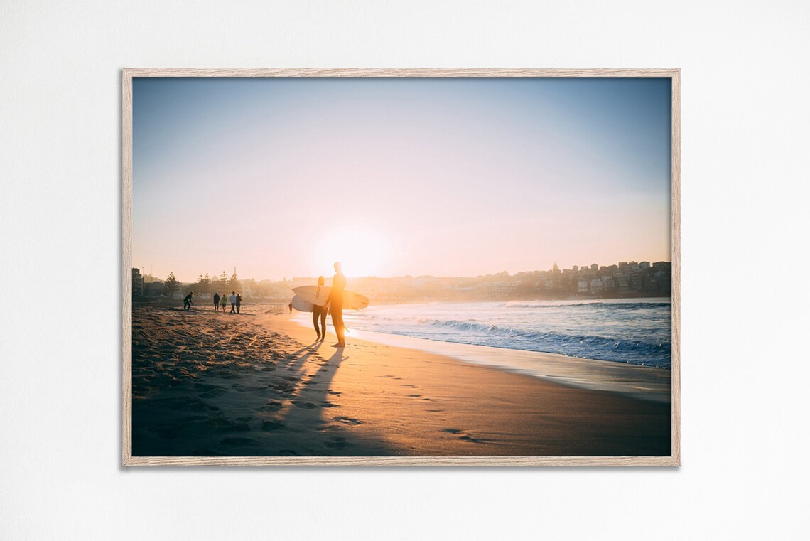 Summer Sunset Surfers Golden Beach Warm Light Photo Decor Poster