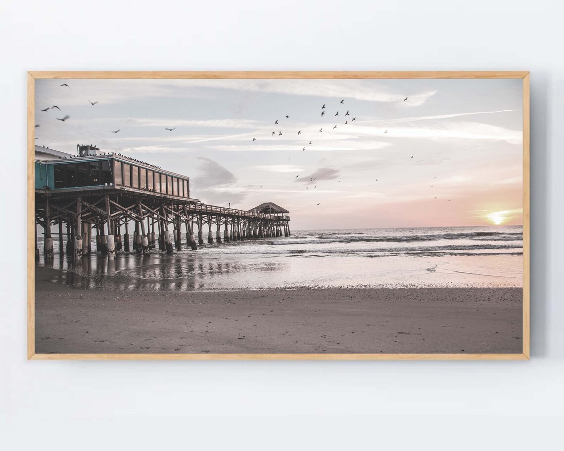 Beach Pier At Sunset Seagulls Muted Coastal Photography Wall Art