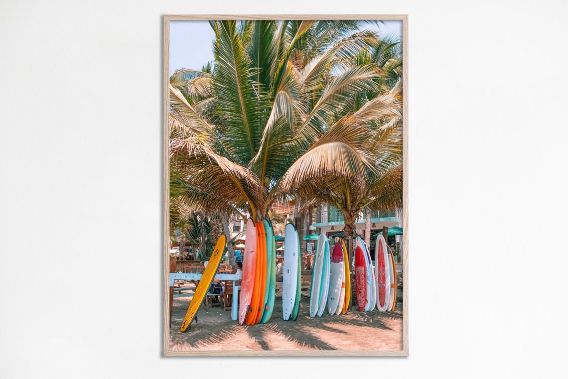 Colorful Surfboards Under Palm Trees Tropical Beach Decor Poster