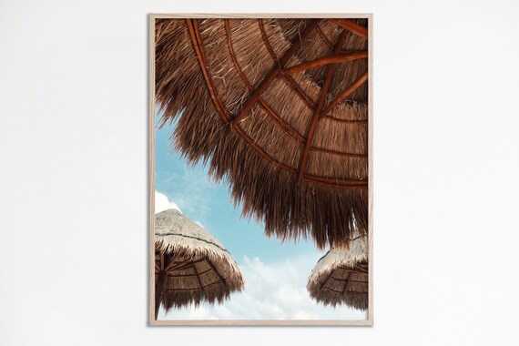Straw Palapa Beach Umbrellas Blue Sky Coastal Neutral Wall Art