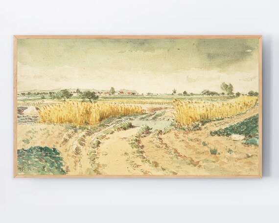 Golden Wheat Field Autumn Farmhouse Vintage Watercolor Landscape Print