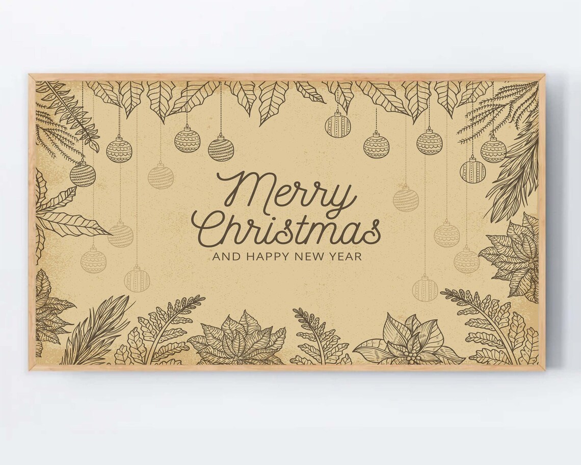 Merry Christmas Gold Line Art Ornaments Vintage Holiday Poster Elegant