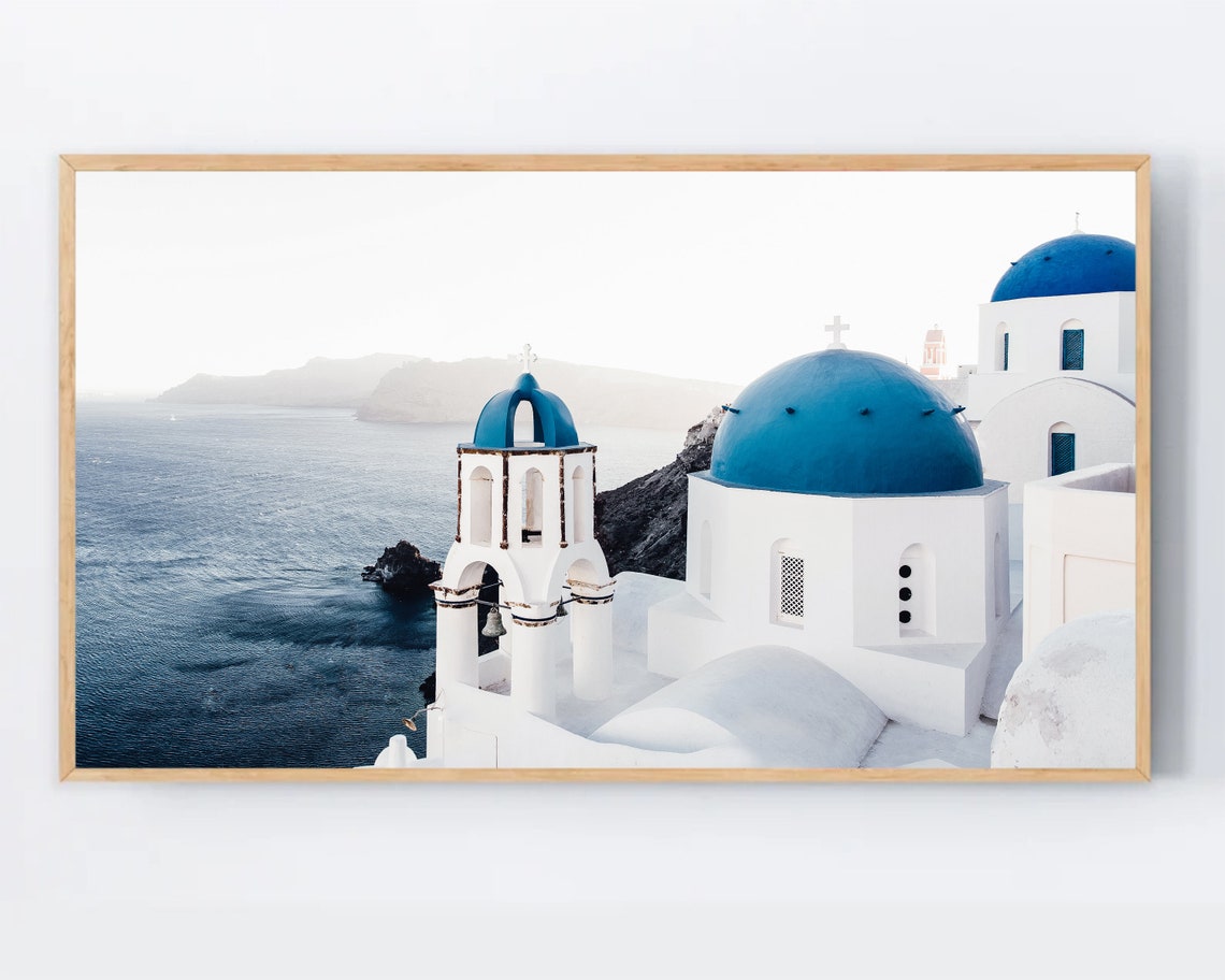 Santorini Greece Blue Dome Churches Over Aegean Photo Poster
