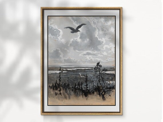 Vintage Dark Academia Eagle Soaring Moody Landscape Painting Poster