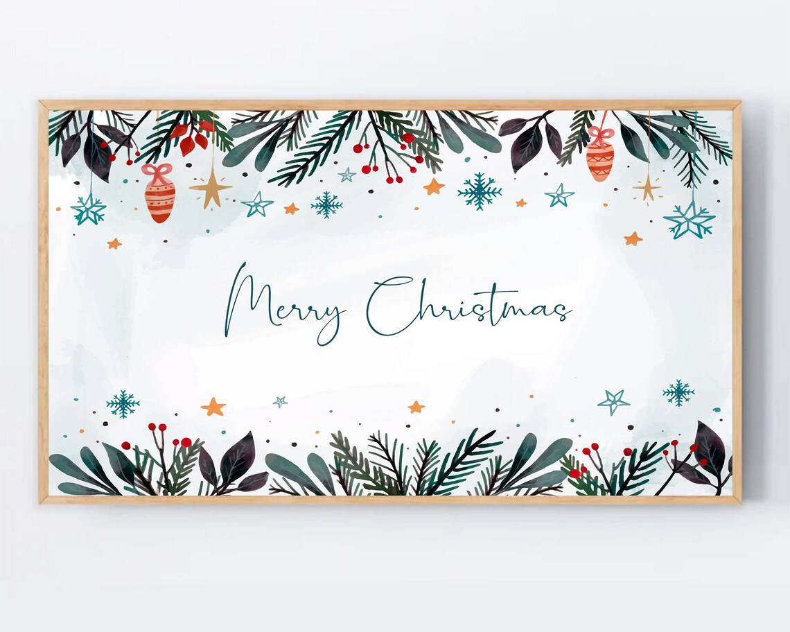 Merry Christmas Watercolor Botanical Pine Border Holiday Art Poster