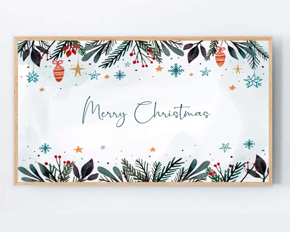 Merry Christmas Watercolor Botanical Pine Border Holiday Art Poster