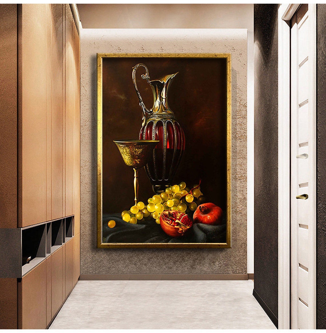 Classic Still Life Golden Pitcher Goblet Grapes Oil Style Poster