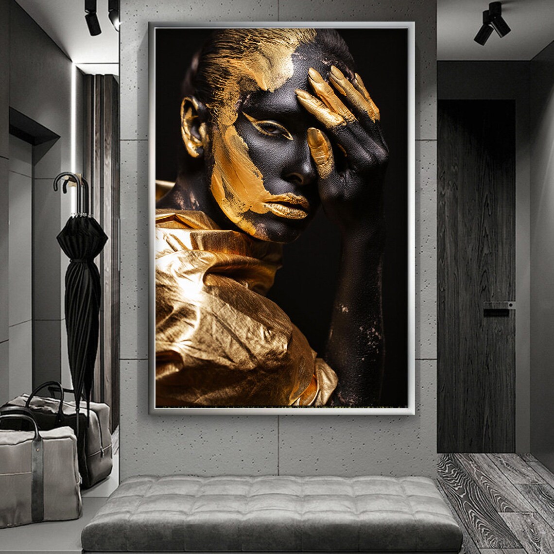 Golden Black Painted Woman Portrait Hand On Face Elegant Art Poster - Image 4