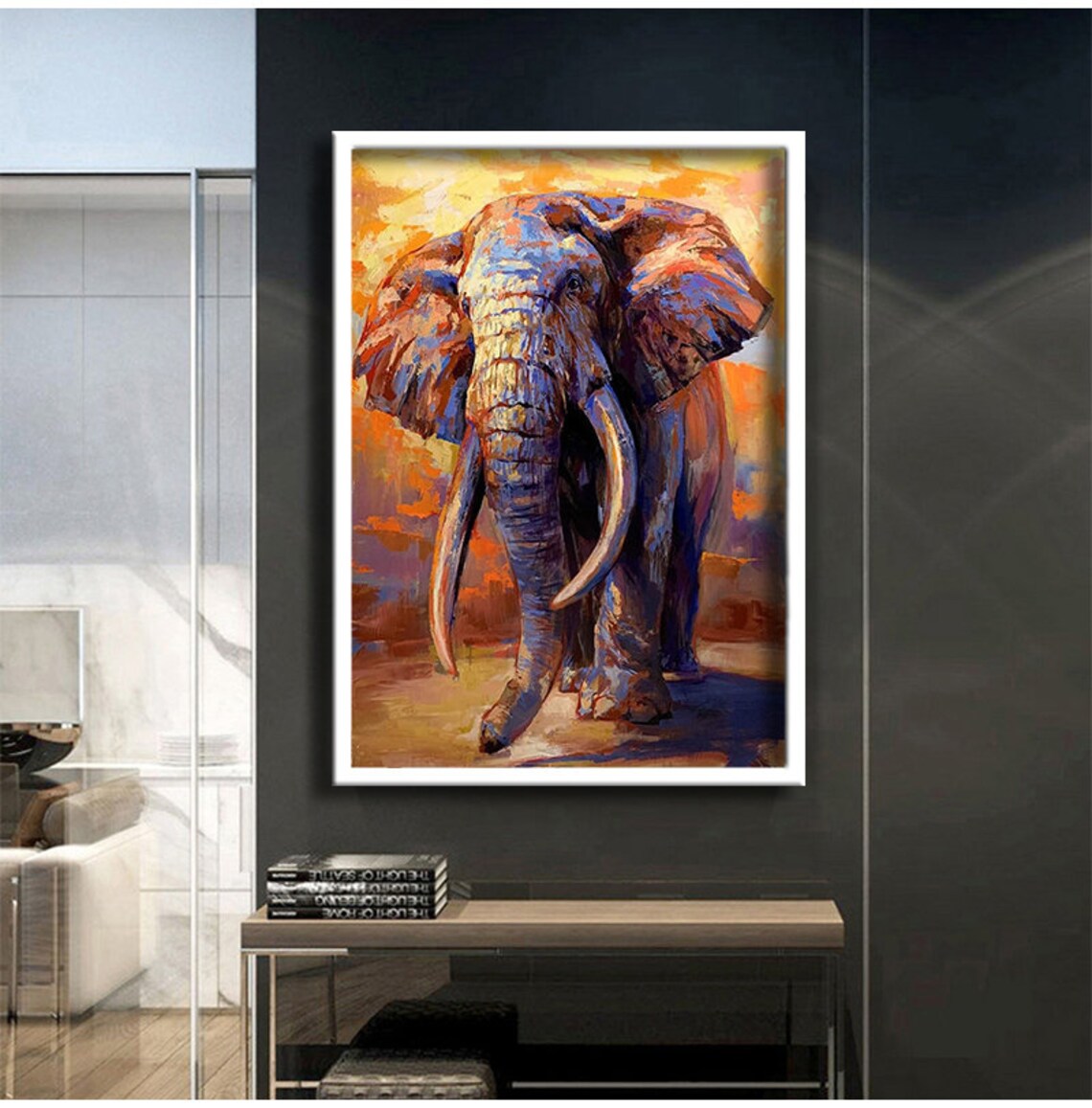 Colorful Elephant Oil Painting Sunset Savanna Wildlife Art Poster - Image 2