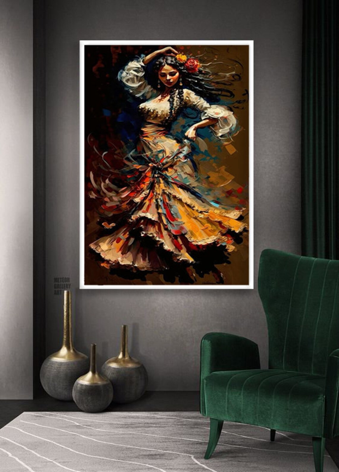 Flamenco Dancer Woman In Colorful Ruffled Dress Rose Hair Oil Painting Poster - Image 4