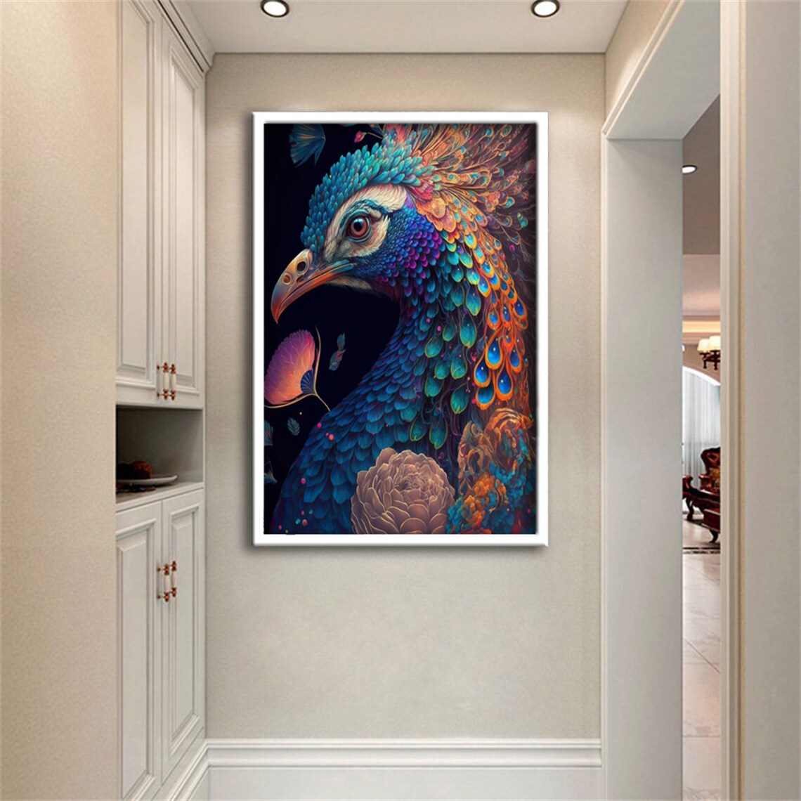 Vibrant Peacock Head Portrait Colorful Feathers Bird Art Poster - Image 3