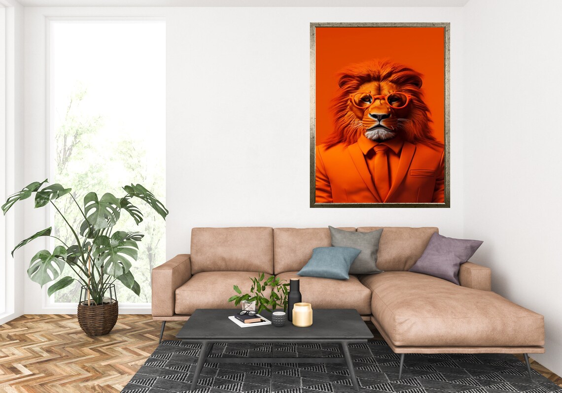 Lion in Orange Suit Glasses Painting Funny Animal Portrait Pop Wall Poster - Image 2
