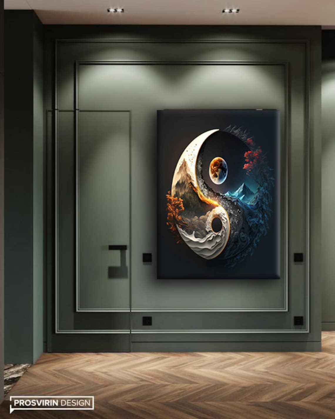 Yin Yang Mountain Moon Phases Waterfall Nature Balance Art Poster - Image 4