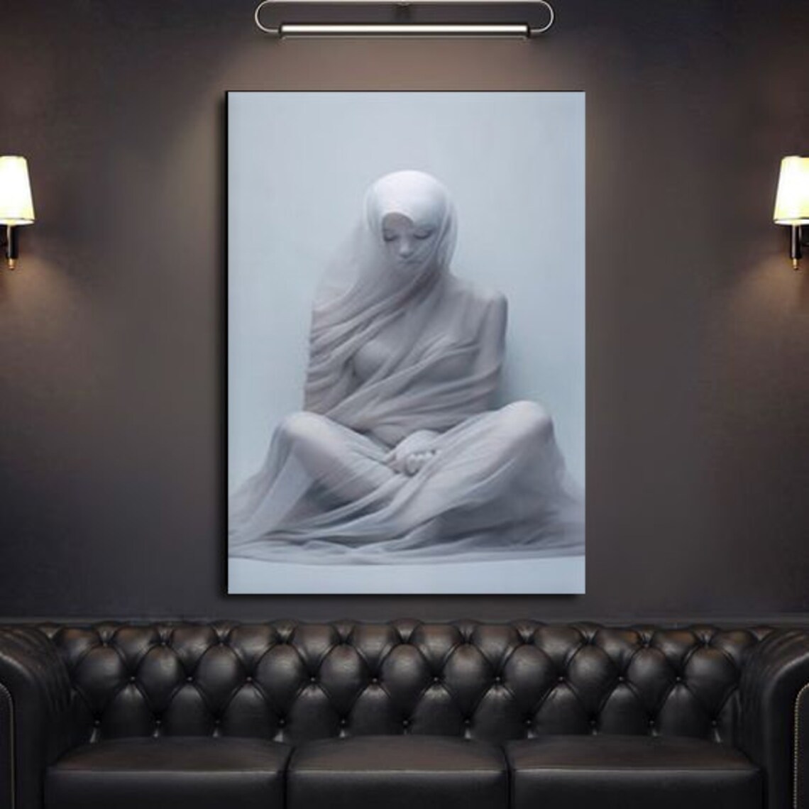 White Veiled Woman Seated Sheer Fabric Minimalist Serene Art Poster - Image 3