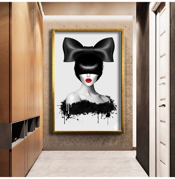 Black White Woman Big Bow Portrait Red Lips Fashion Art Wall Poster
