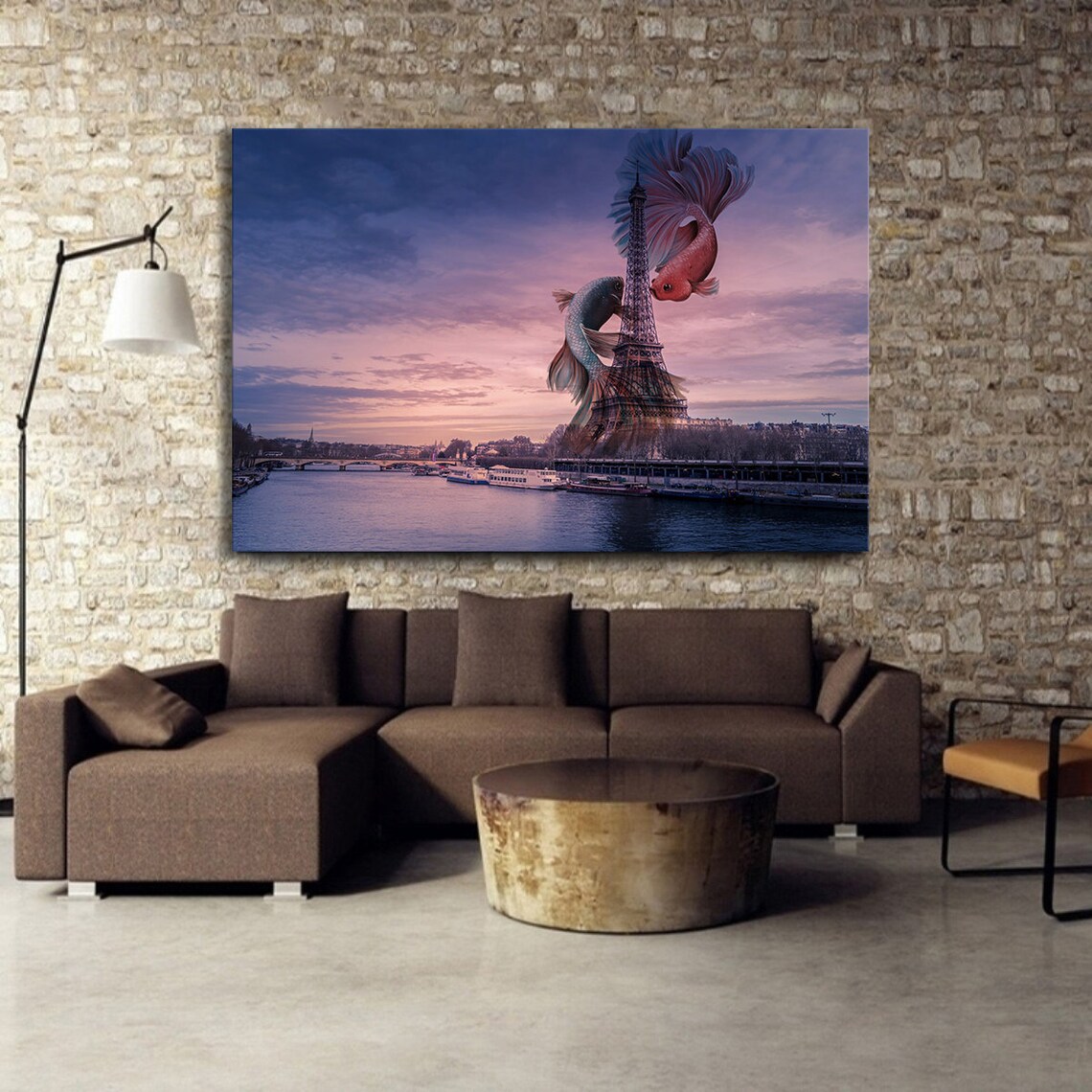 Eiffel Tower And Coi Fish Surreal Wall Decor Wall Art Eyfel Print Ready To Hang Wall Print Design Painting - Image 2