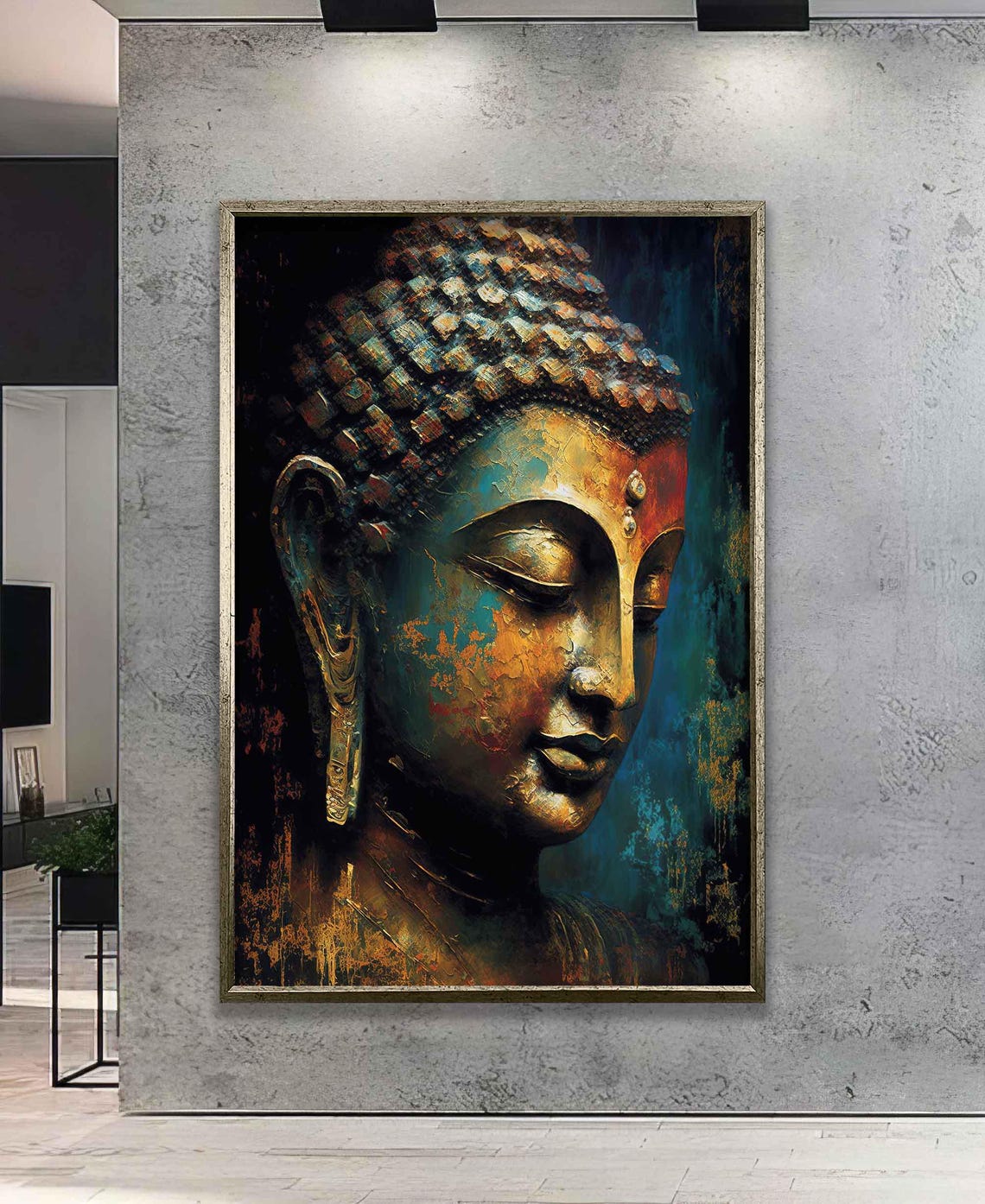 Antique Buddha Profile Teal Gold Serene Zen Meditation Art Poster - Image 4