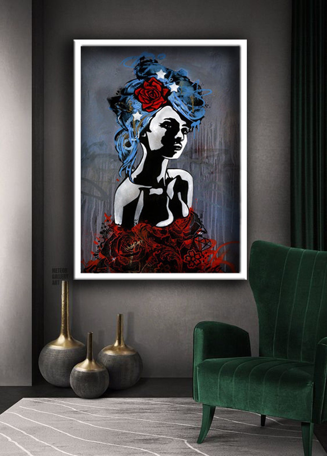 Stencil Pop Art Woman Blue Hair Red Roses Graffiti Style Poster - Image 3