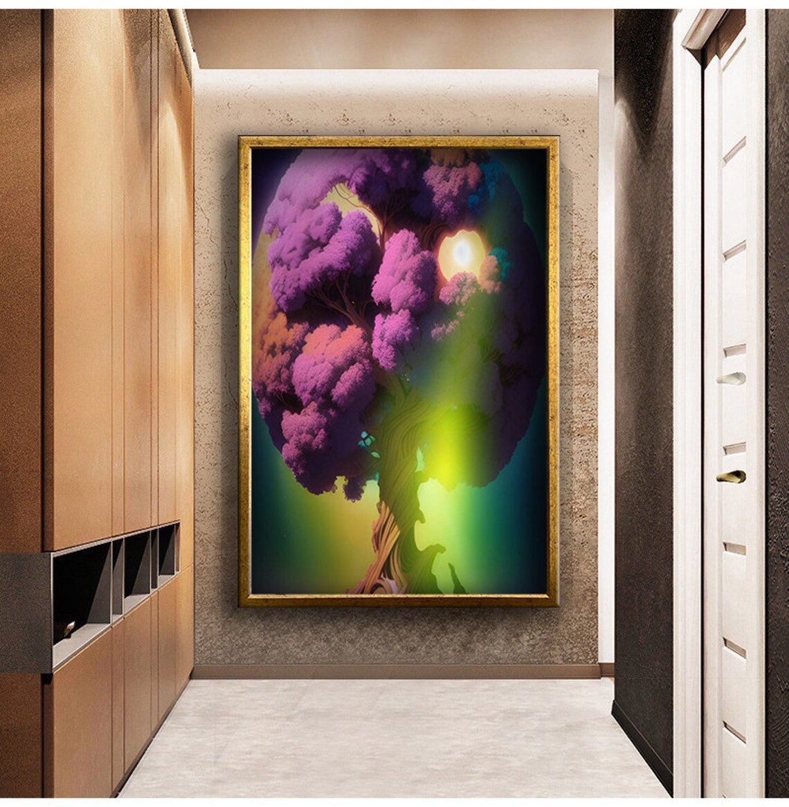 Utopian Purple Tree And Sun Print Framed Wall Decor Wall Art Ready To Hang Painting Home Decorative Wall Decor