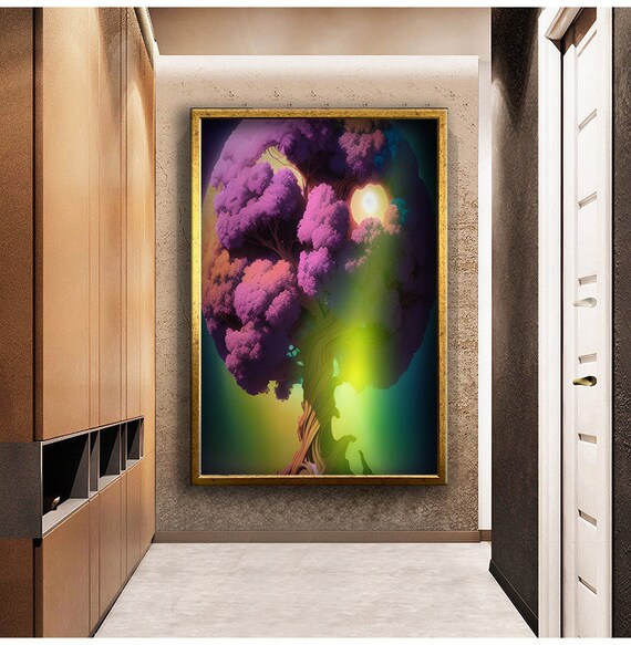 Utopian Purple Tree And Sun Print Framed Wall Decor Wall Art Ready To Hang Painting Home Decorative Wall Decor
