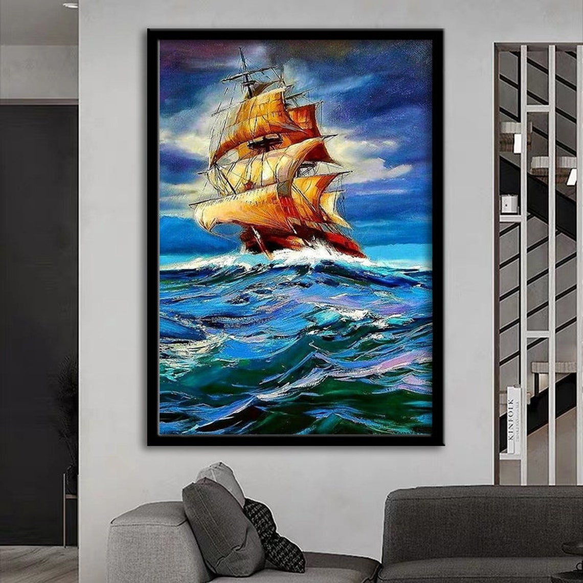 Tall Ship Golden Sails Stormy Blue Waves Nautical Oil Poster - Image 3