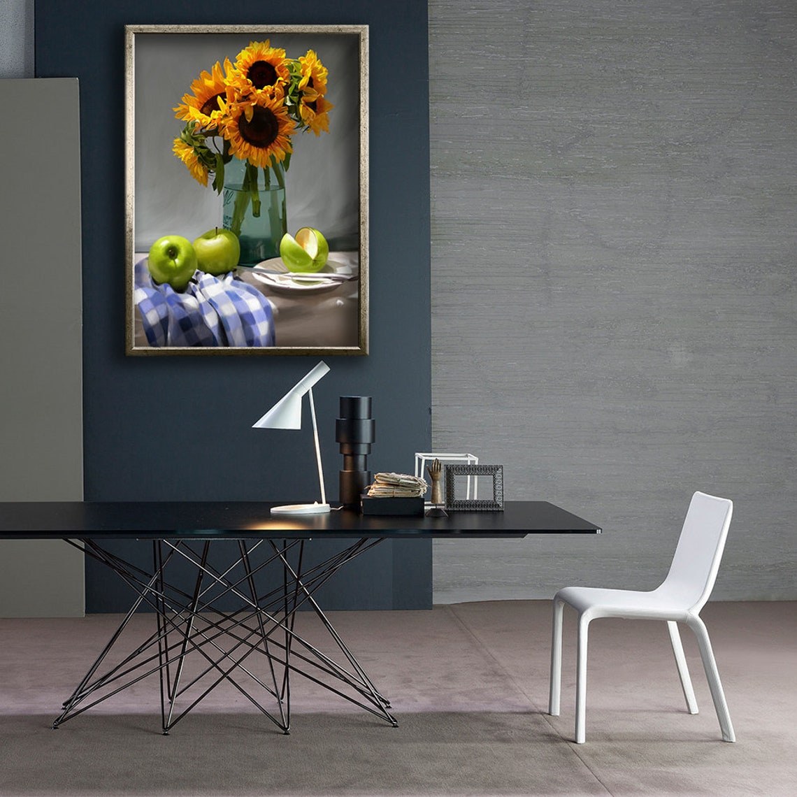Sunflowers Green Apples Still Life Nostalgic Kitchen Painting Poster - Image 4