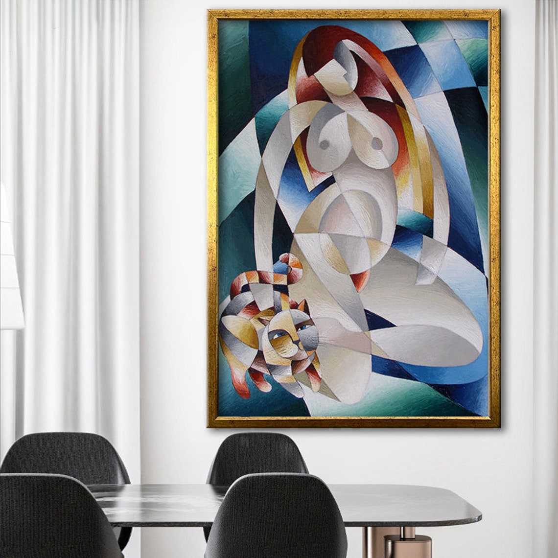 Cubist Nude Woman Cat Geometric Abstract Figure Art Wall Poster - Image 4