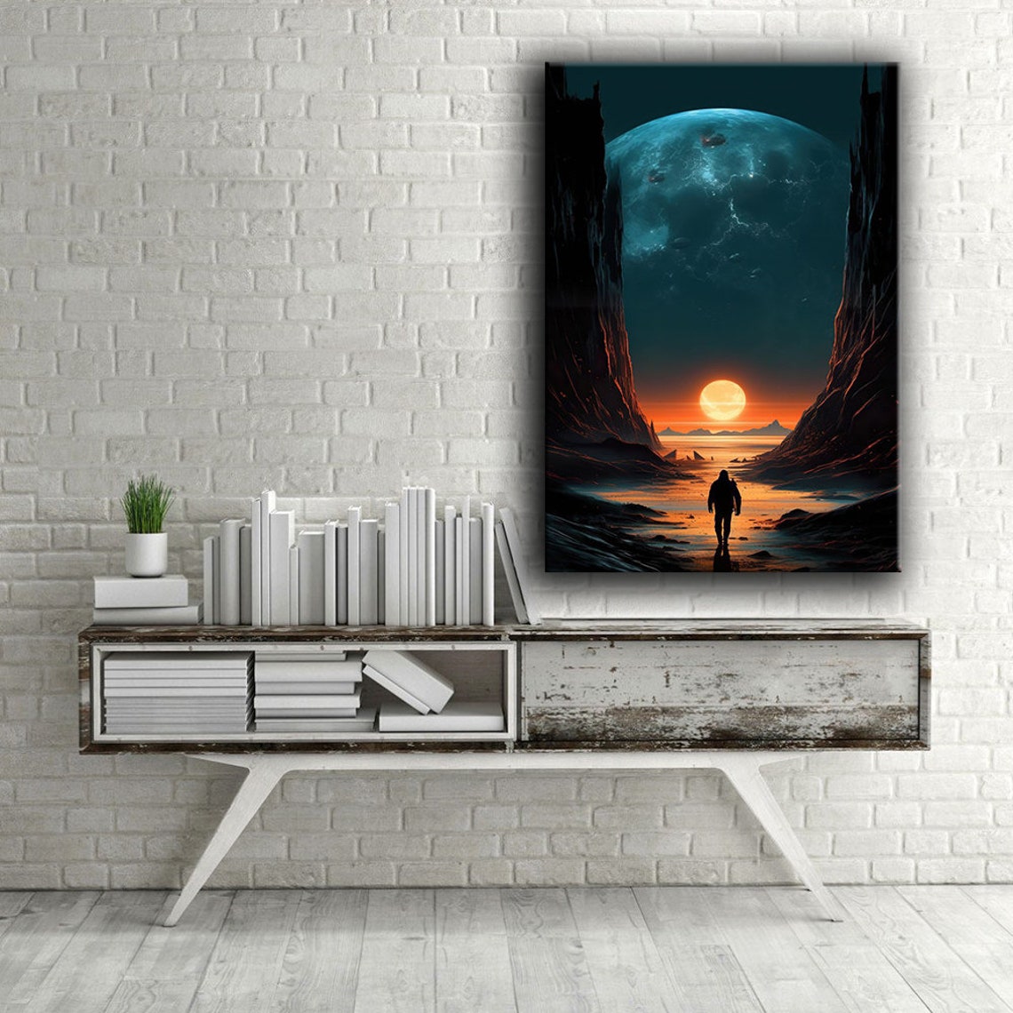 Lone Man Canyon Giant Planet Surreal Orange Sunset Space Art Poster - Image 2