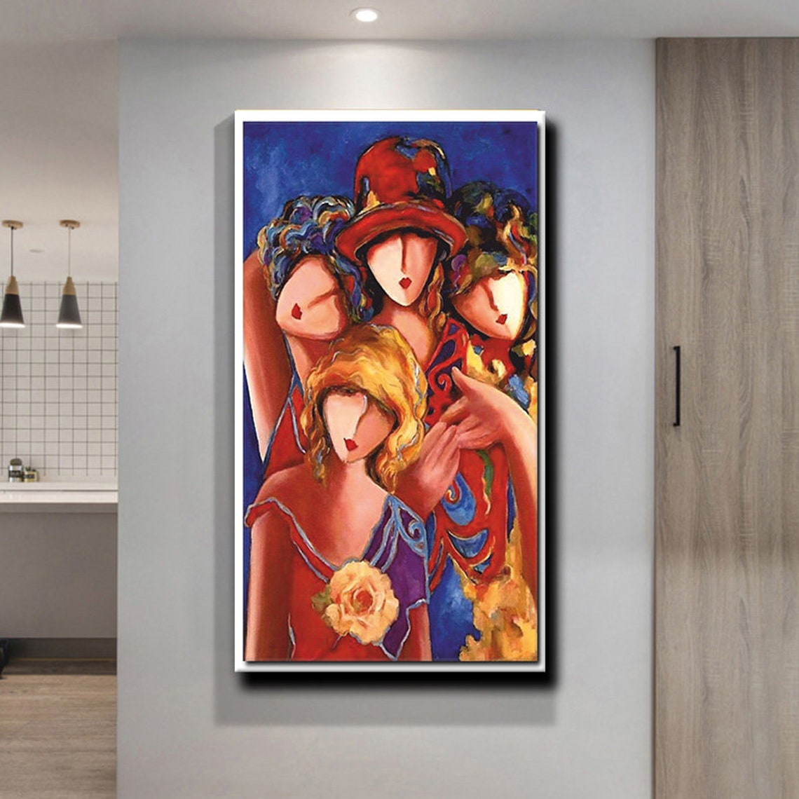 Four Women Embrace Colorful Dresses Joyful Friendship Art Print - Image 3