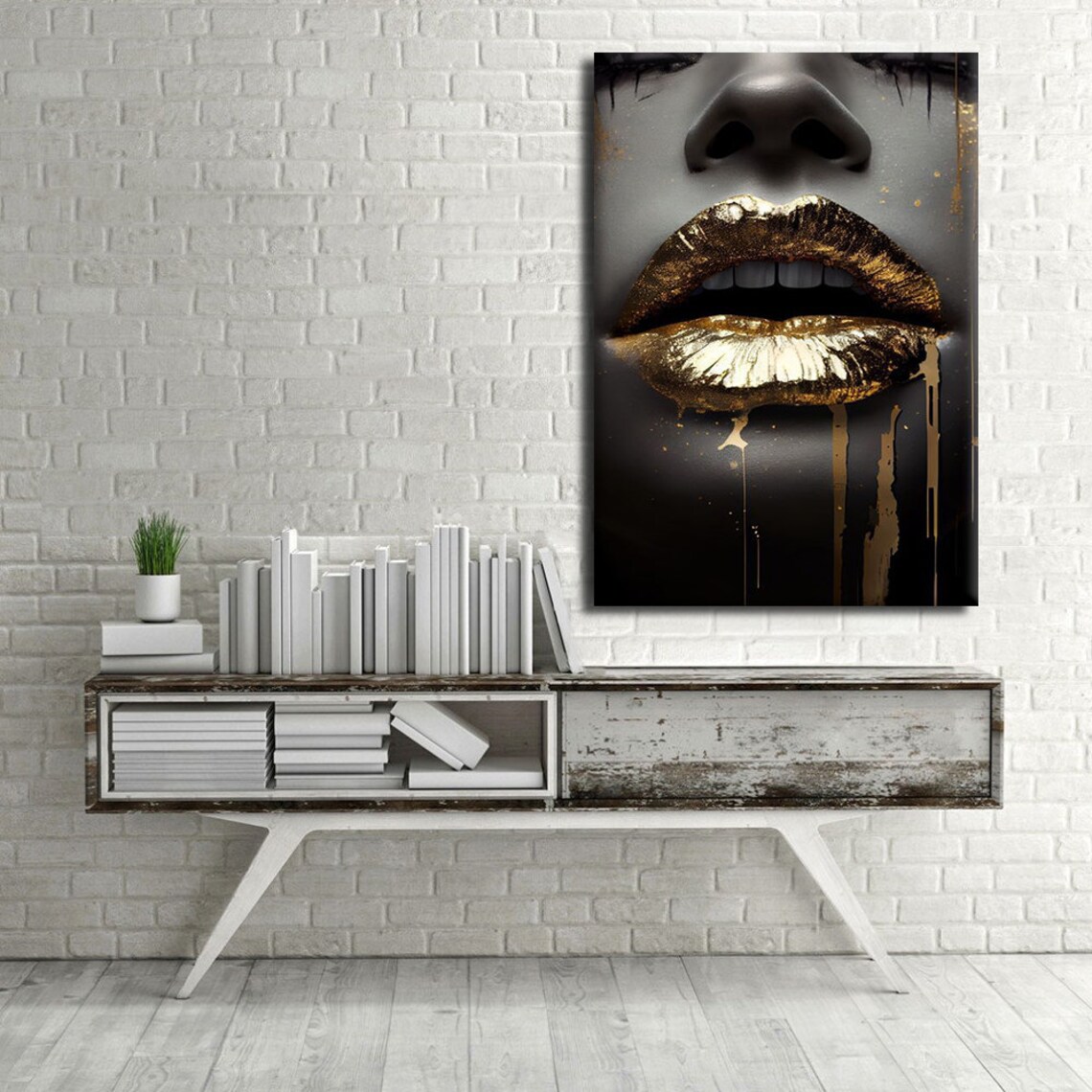 Woman Golden Lips Dripping Gold Black White Photo Beauty Art Wall Poster - Image 4