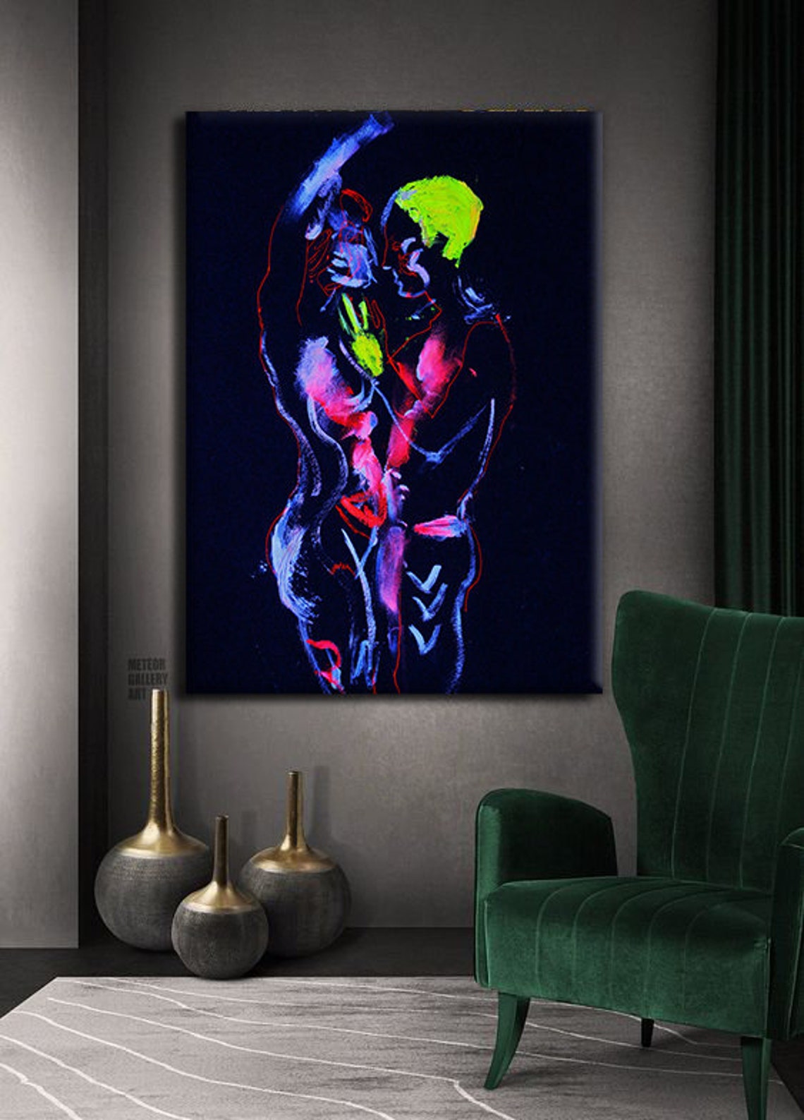 Neon Lovers Embrace Kiss Dark Background Romantic Couple Art Print - Image 3