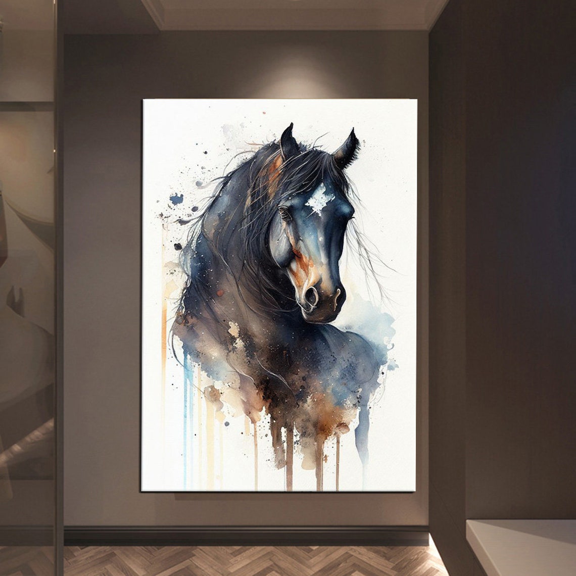 Black Horse Watercolor Splash Art Elegant Equine Portrait Poster - Image 2