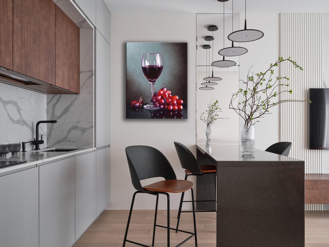 Red Wine Glass Red Grapes Still Life Painting Elegant Wall Poster - Image 2