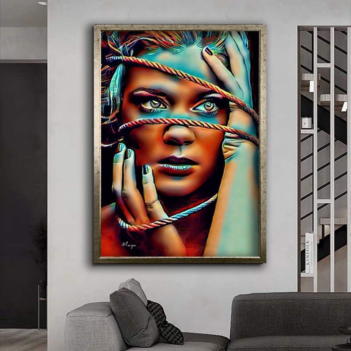 Rope Bound Woman Portrait Captive Colorful Stylized Modern Art Painting Poster - Image 4