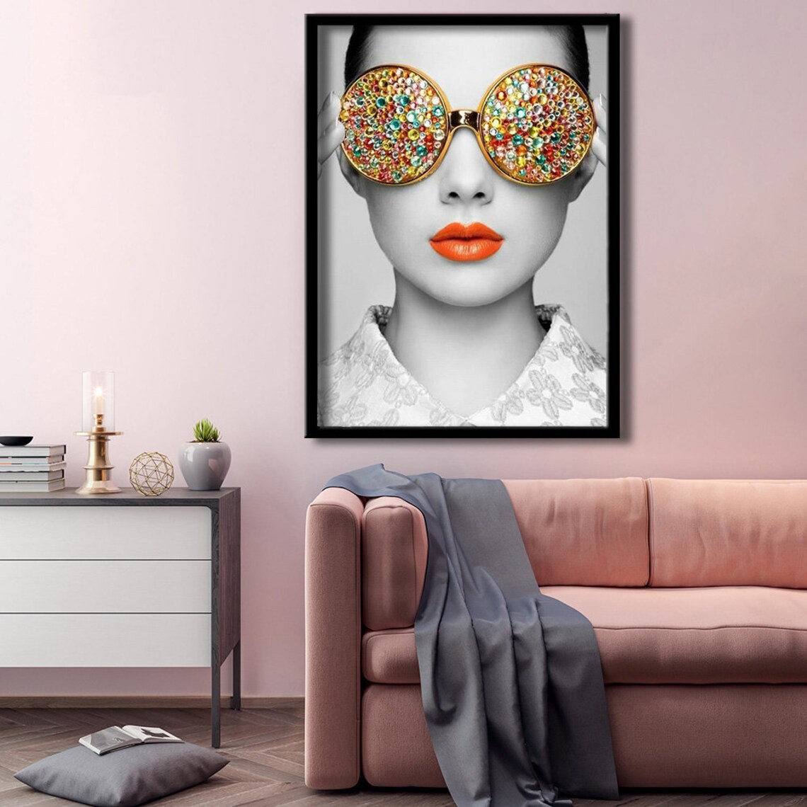 Woman Glitter Sunglasses Orange Lips Black White Fashion Wall Poster - Image 3