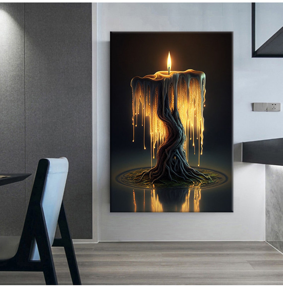 Surreal Melting Candle Tree Golden Wax Dripping Dark Fantasy Wall Art - Image 4