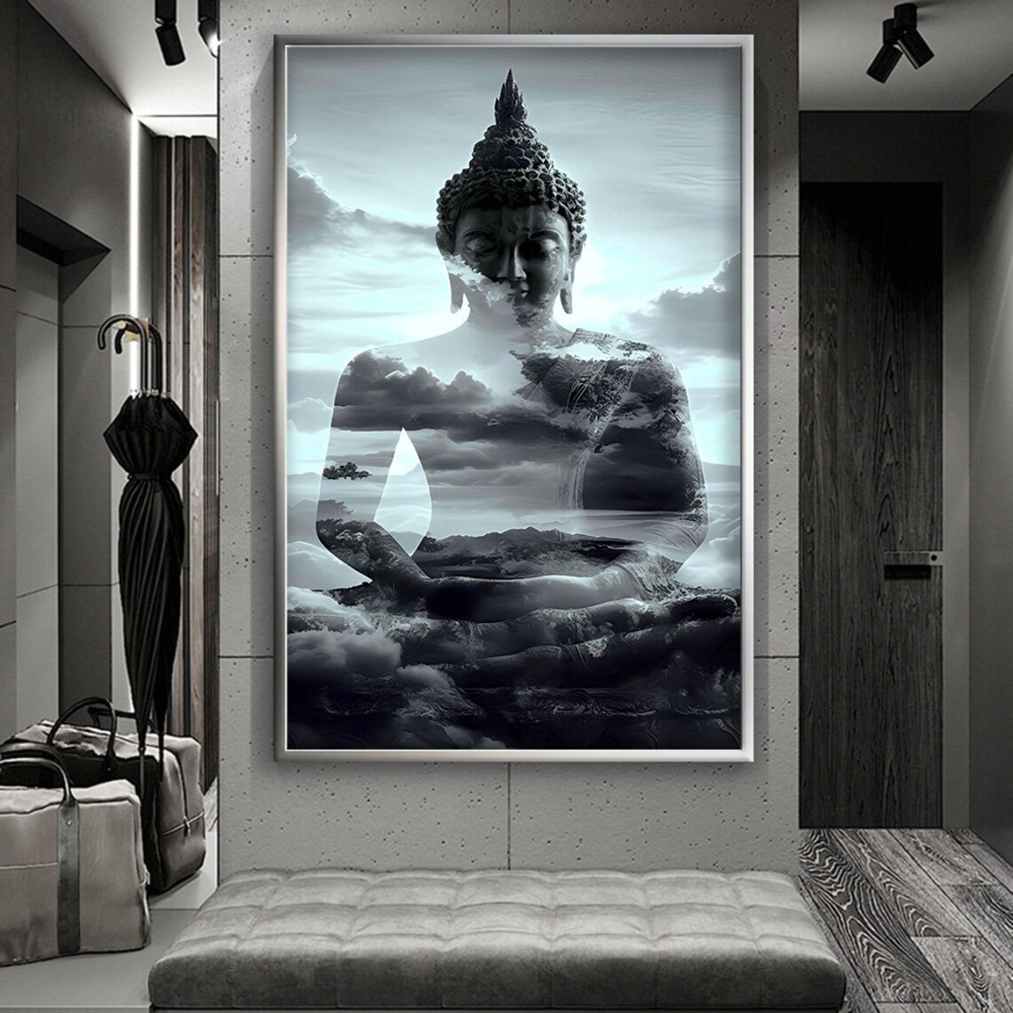 Black White Buddha Double Exposure Clouds Mountain Landscape Zen Poster - Image 2