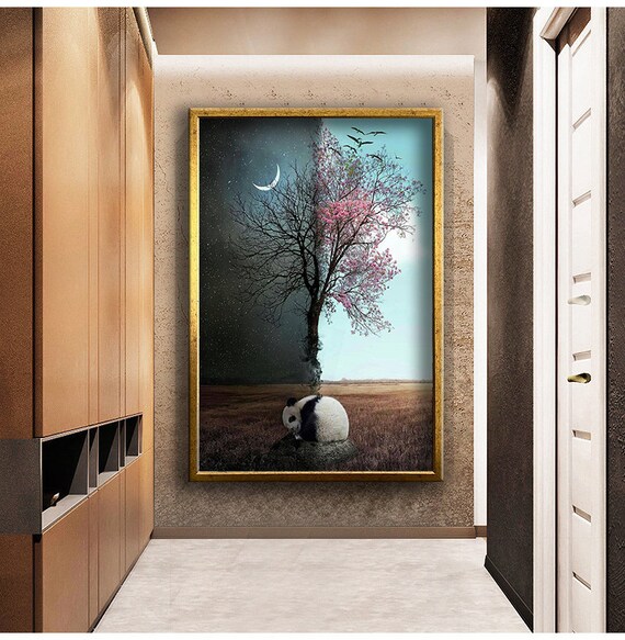 Panda Sleeping Beneath Night And Day Tree Moonlight Blossom Wall Art