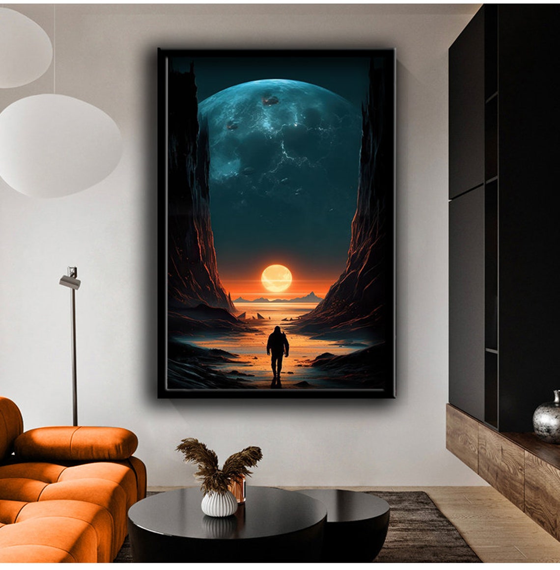 Lone Man Canyon Giant Planet Surreal Orange Sunset Space Art Poster - Image 3