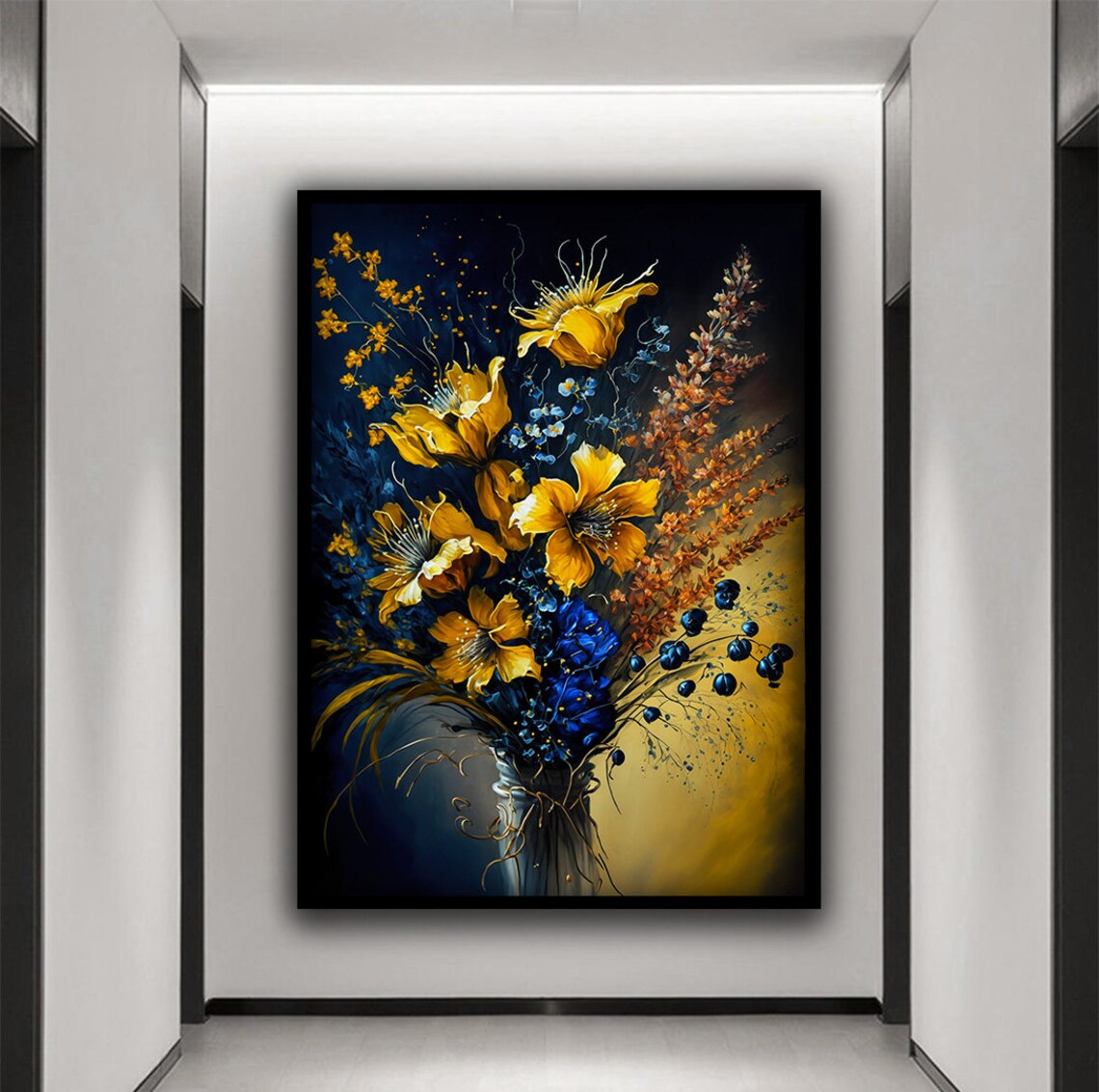Gold And Blue Floral Bouquet In Vase Luxury Still Life Wall Art - Image 3