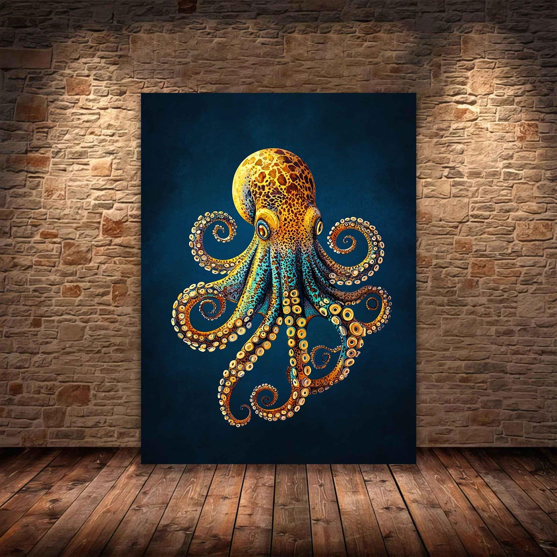 Golden Octopus Ornate Tentacles Deep Blue Background Marine Art Poster - Image 3