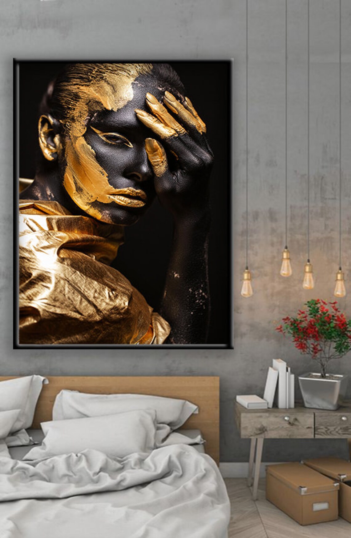 Golden Black Painted Woman Portrait Hand On Face Elegant Art Poster - Image 2