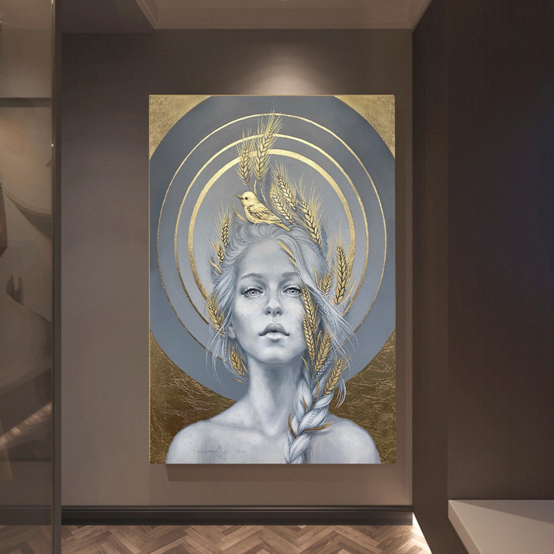 Golden Wheat Crown Woman Bird Halo Ethereal Portrait Art Print - Image 3