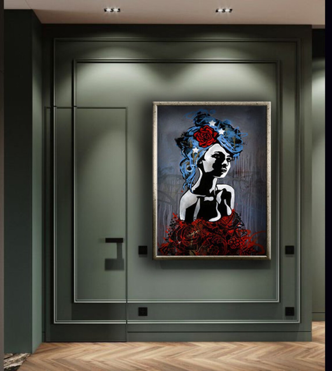 Stencil Pop Art Woman Blue Hair Red Roses Graffiti Style Poster - Image 4