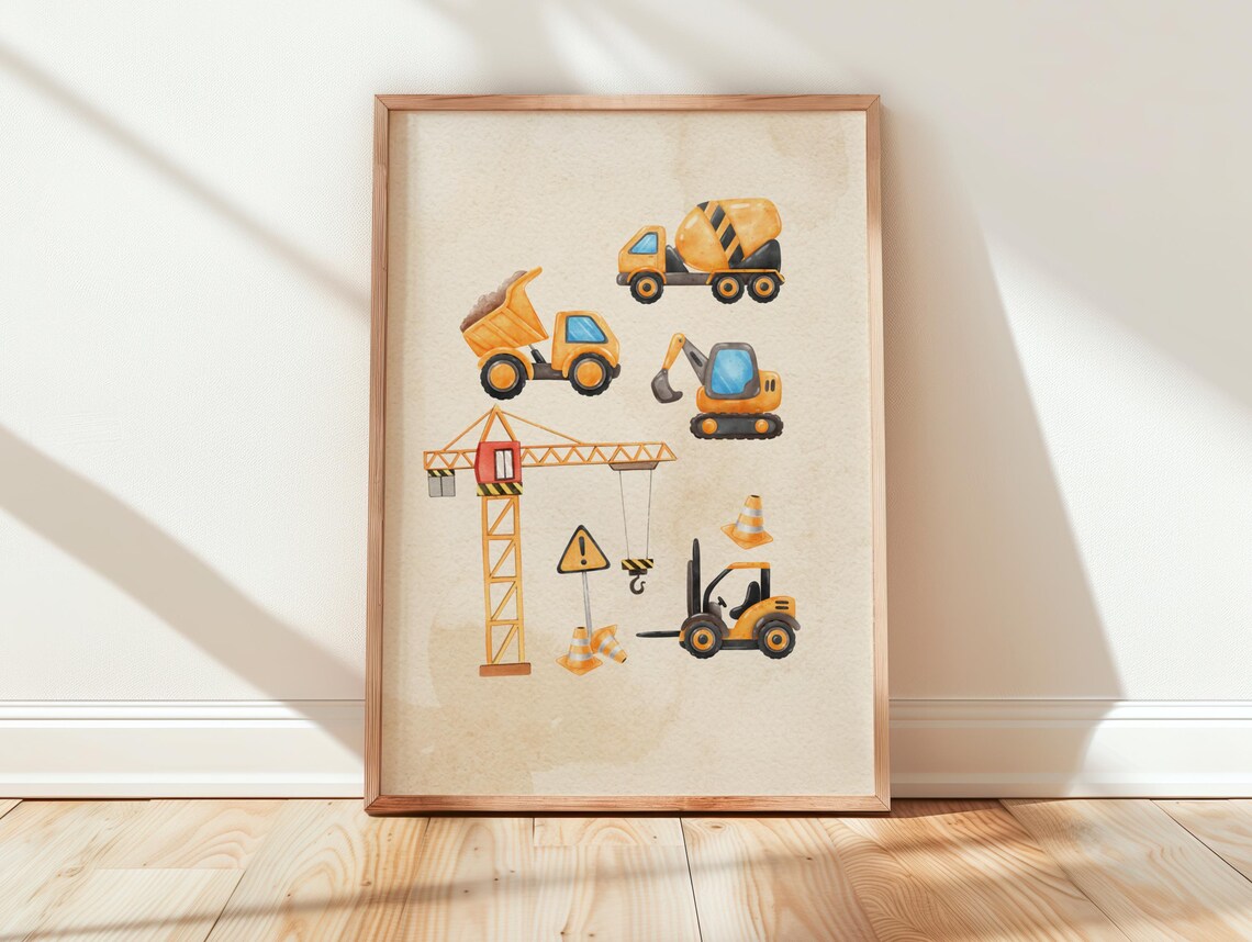 Watercolor Construction Vehicles Dump Truck Excavator Kids Poster