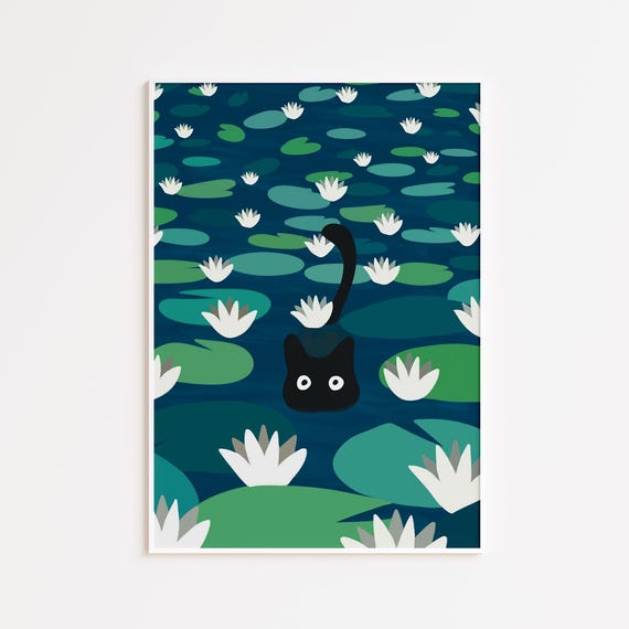 Cat Wall Art Print, Black Hand-Drawn Lake Poster