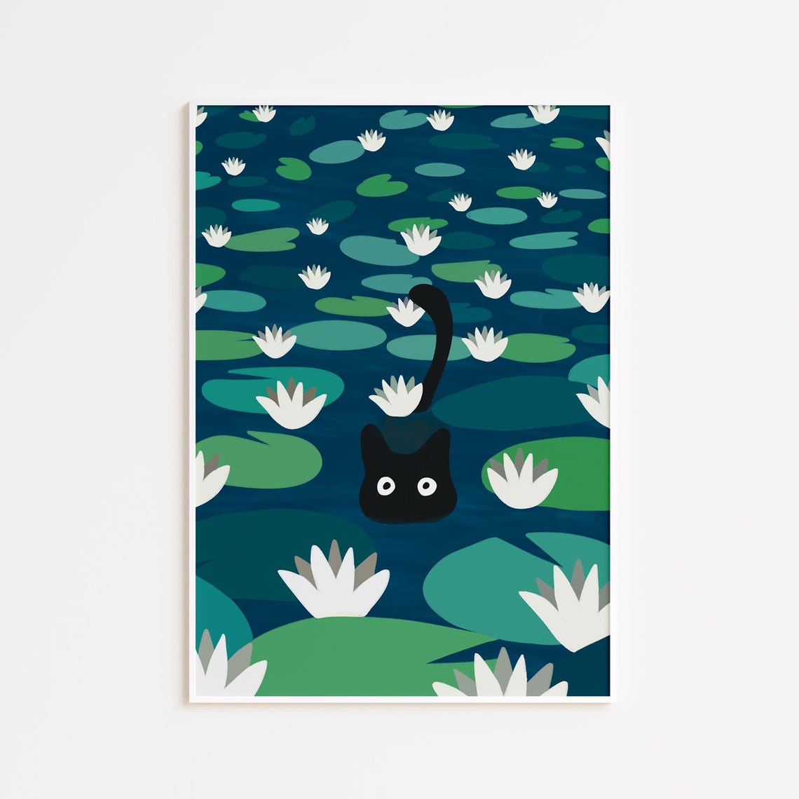 Cat Wall Art Print, Black Hand-Drawn Lake Poster